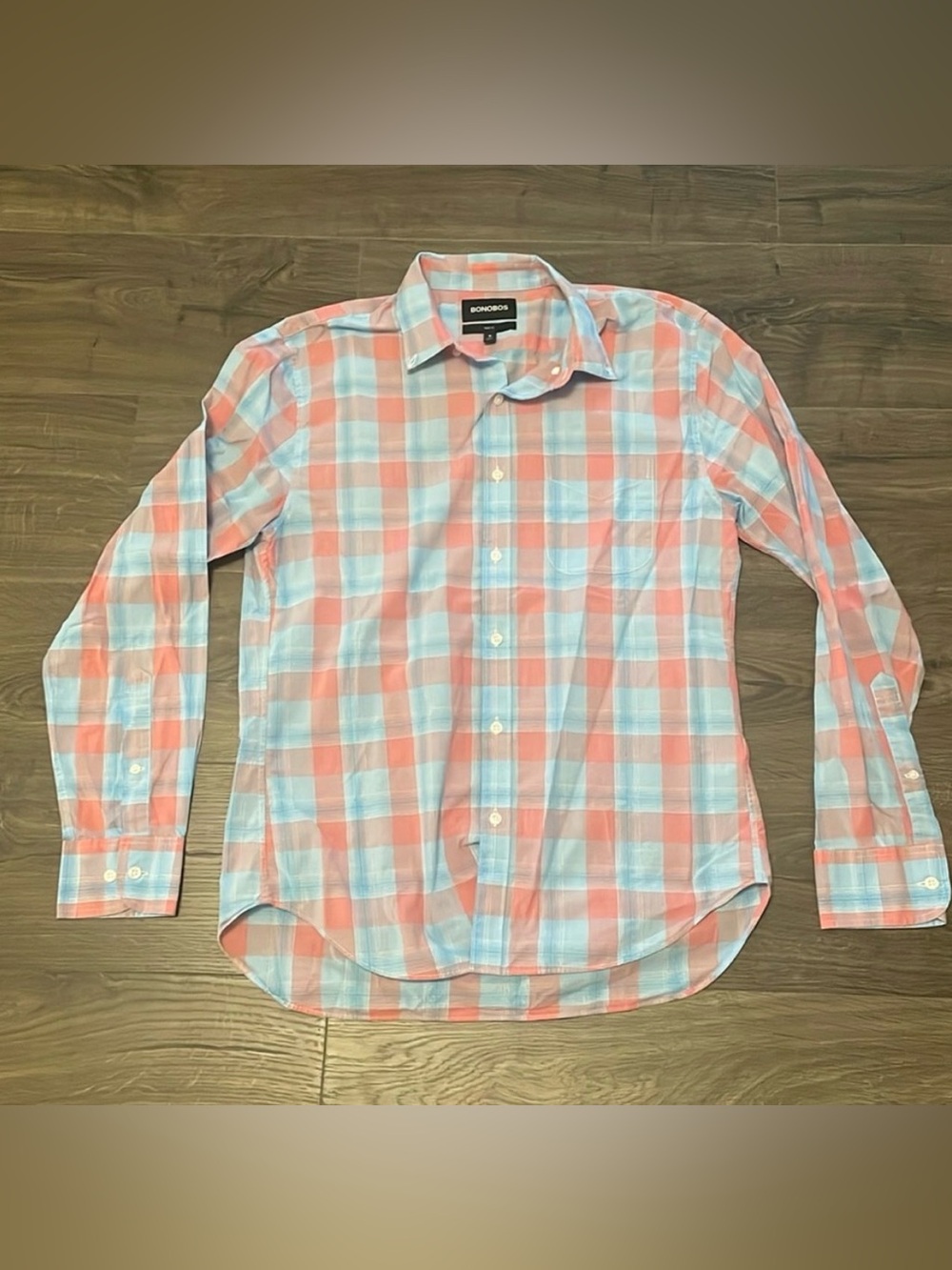 Bonobos Coral and Light Blue Plaid Long-Sleeve Button-Down Shirt